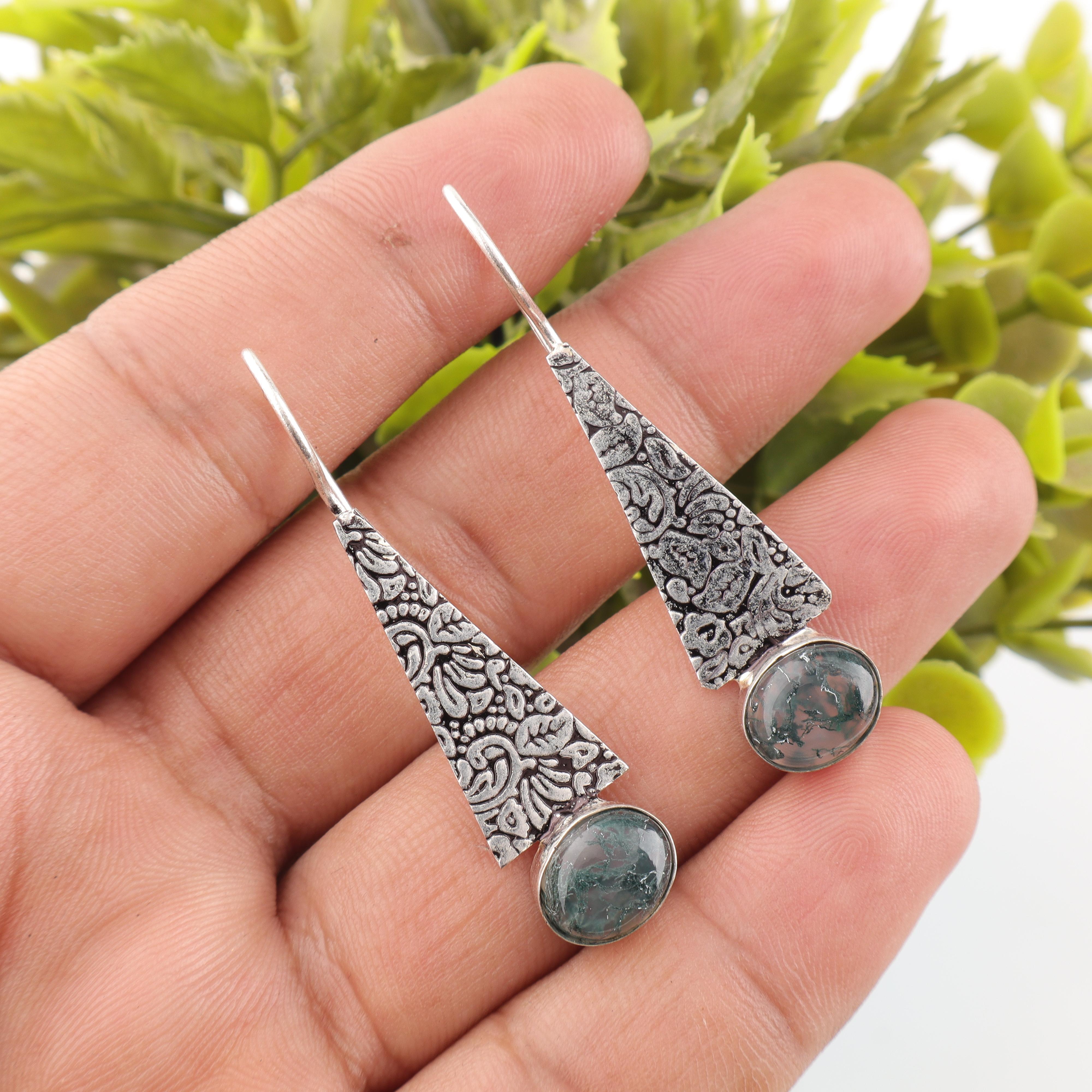 

Moss Agate Gemstone Jewelry, 925 Solid Sterling Silver Earrings, Handmade Beautiful Silver Earrings For Thanksgiving Gift 1.9 Inches зелений