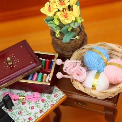 Miniature Sewing Box Yarn Basket Kits Model Figurine For 1/12 Dollhouses Scene Display Accessories Craft Project Kits