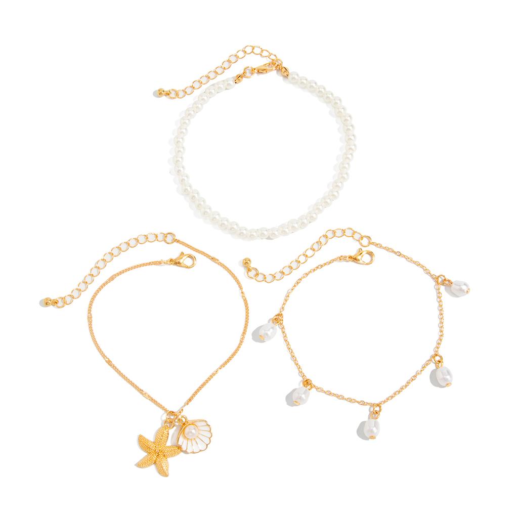 Salircon 3Pcs/Set Boho Bohemian Sea Starfish Conch Pendant Foot Chain Fashion Imitation Pearl Beaded Anklet Summer Beach Jewelry