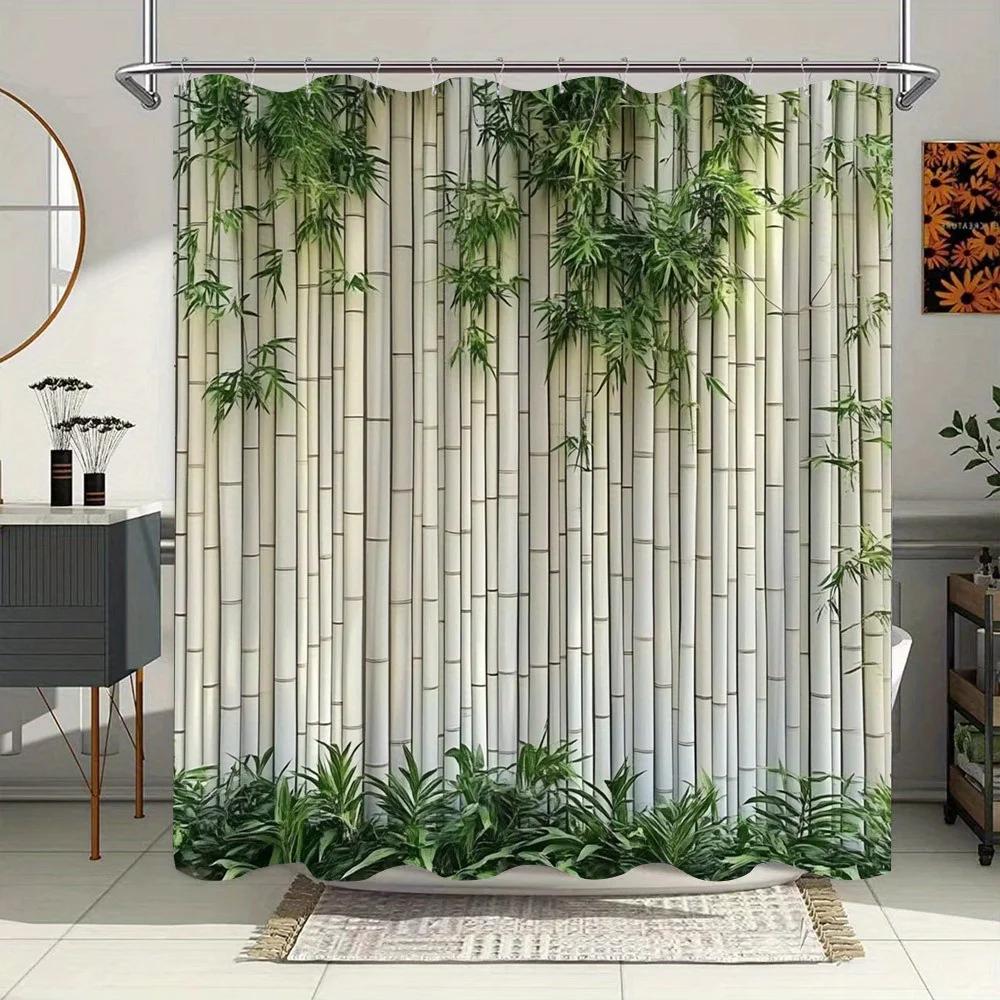 

Modern Bamboo Shower Curtain - White Slats & Green Plants Pattern, Textured Landscape Design, Water-Resistant Polyester W60H190(CM)-1 Pcs