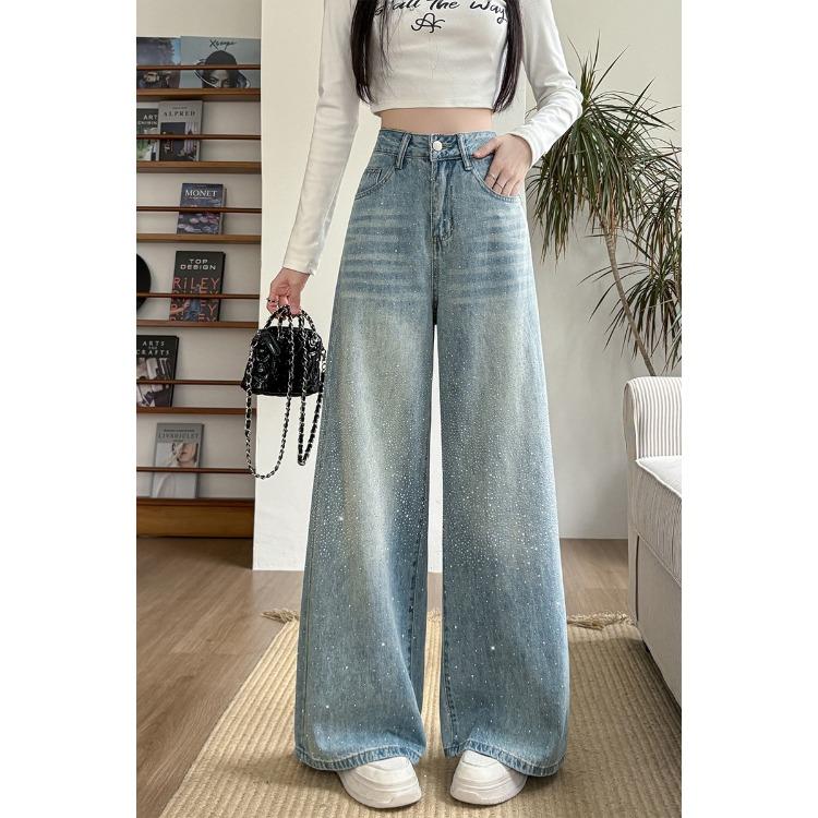 Women Korean Style Wide Leg Pants with All Star Rhinestones Fashionable and Versatile Floor Length Trousers