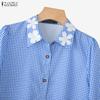 ZANZEA Women Casual Turn Down Collar Loose 3/4 Sleeve Grid Print Blouse