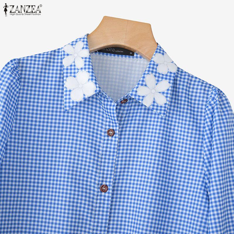 ZANZEA Women Casual Turn Down Collar Loose 3/4 Sleeve Grid Print Blouse