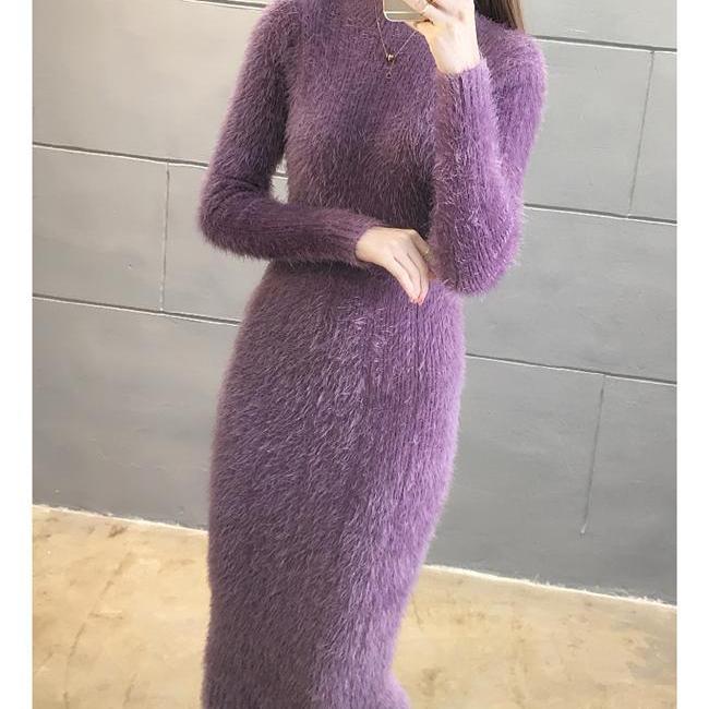Abiti Semplici Autunno Inverno Donna Tinta Unita Scollo a O Ispessito Manica Lunga Slim Midi A-line Sacca Hip Vestito in Maglia