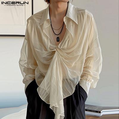 Camisetas de fiesta de malla irregular con mangas largas y gasa retorcida transparente para hombre