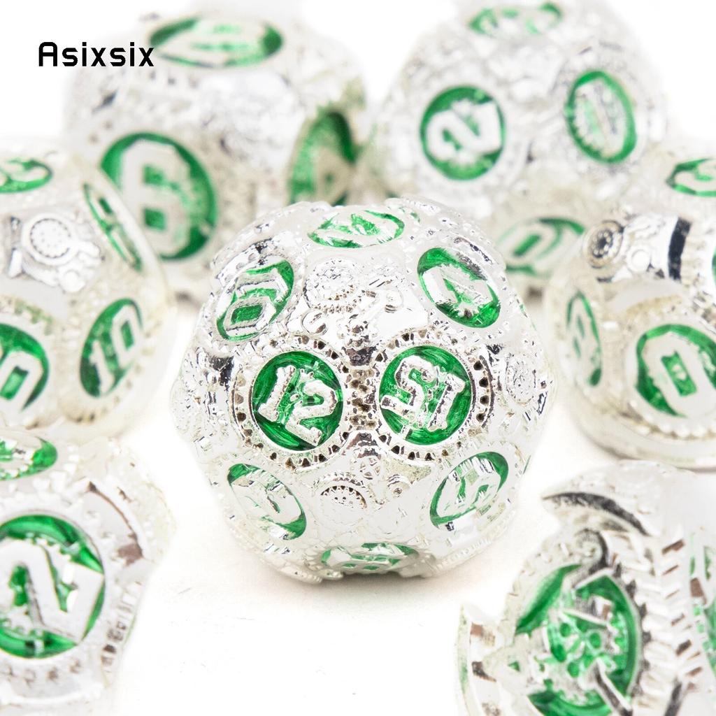 7 Pcs White Green Gear Wheel Metal Dice Solid Metal Polyhedral Dice Set Suitable for Role-Playing RPG Board Game Card Game