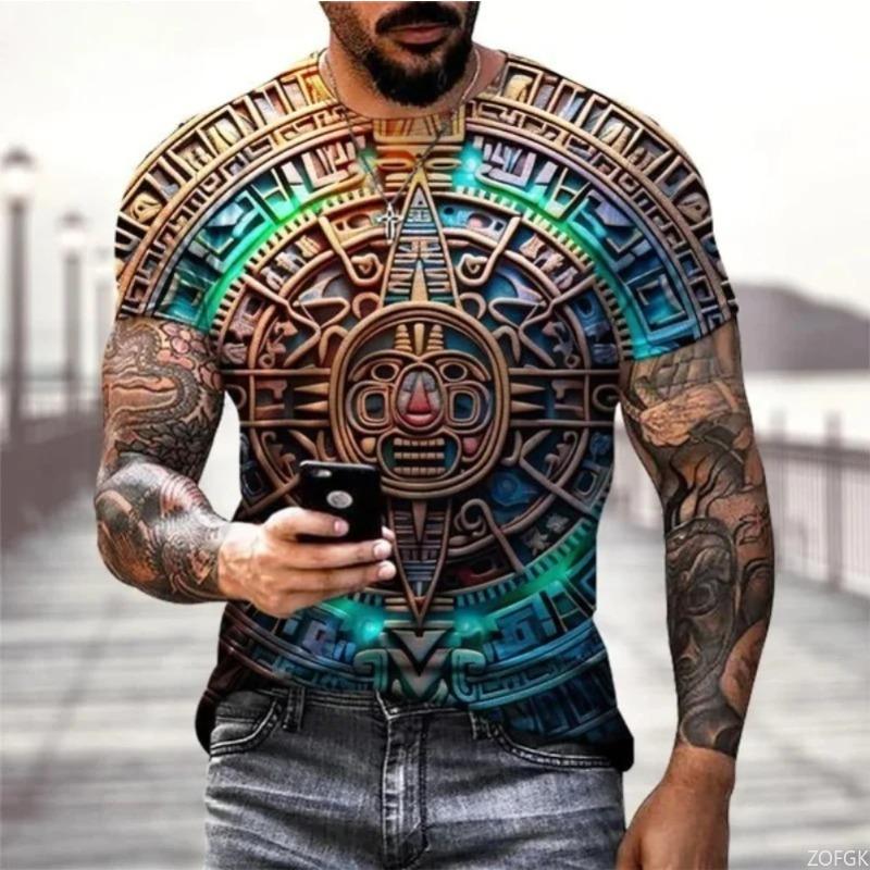Summer Round Neck Aztec Calendar Graphic 3D Print Top Fashionable Casual Short Sleeved Men's T-shirts