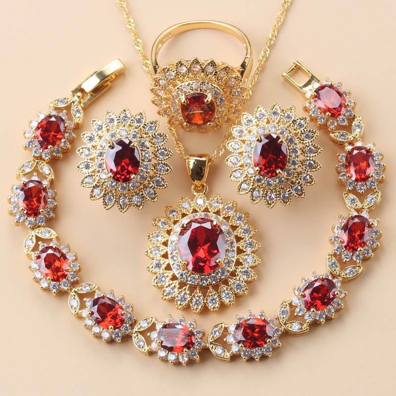 African Wedding Necklace Big Sunflowe Jewelry Sets  Gold Plated Luxury Woman Earrings Charm Bracelet And Ring Bridal Costume