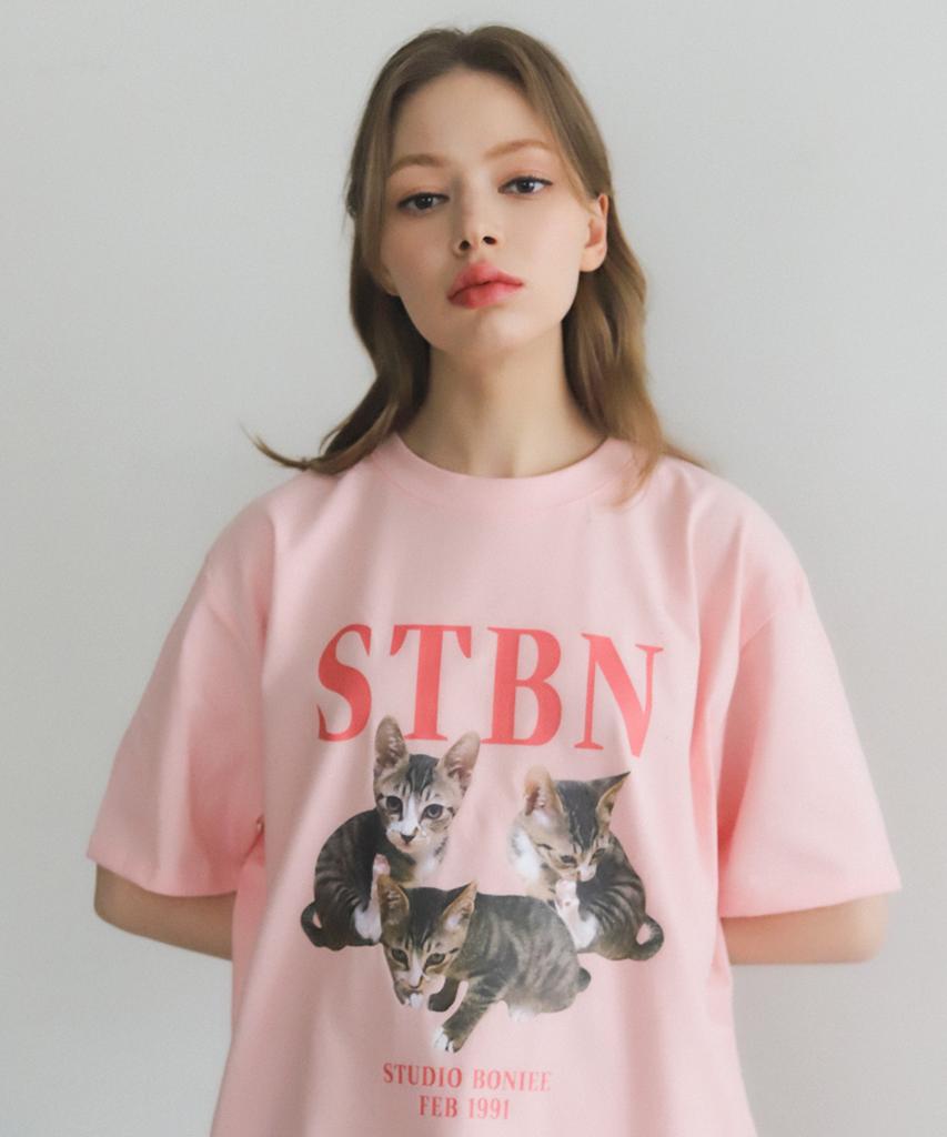 BONIEE Wooden Kitten Collage Cat Graphic Loose T-Shirt Pink