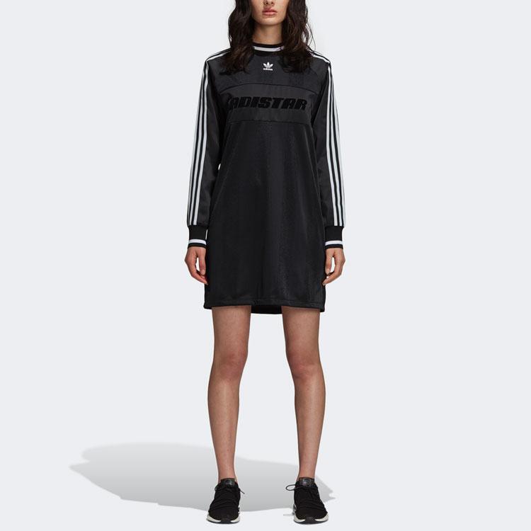 Adidas Rochie cu mânecă lungă cu mânecă lungă cu decolteu rotund, cu litere în dungi, rochii de femei Negru DH4233