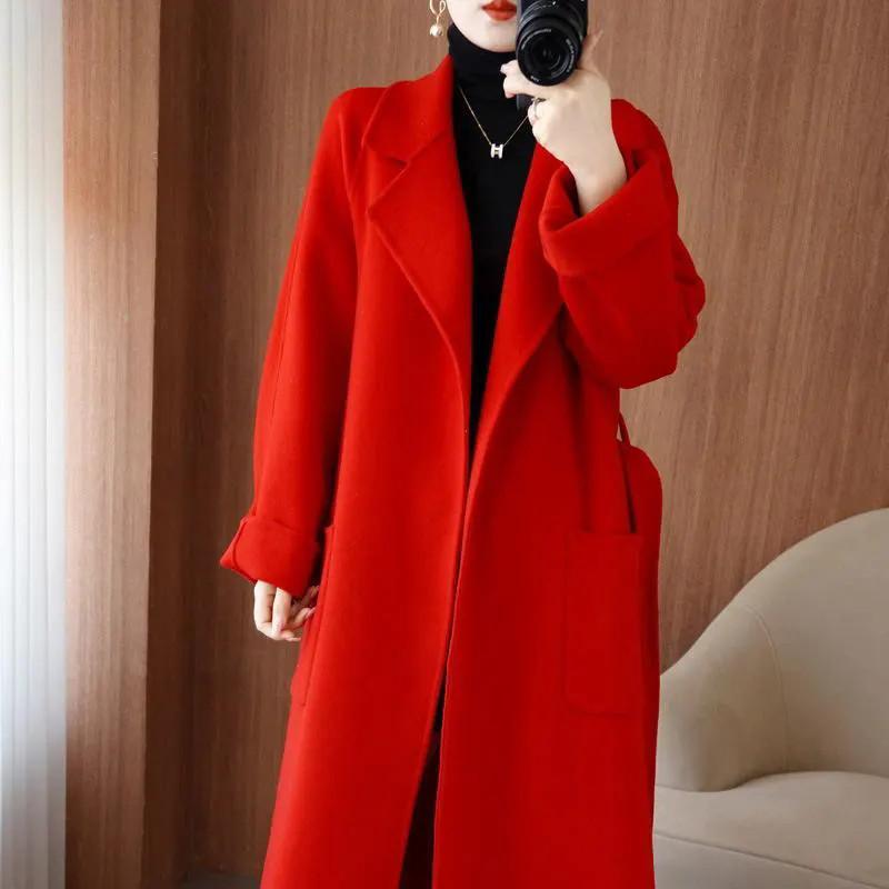 Autumn and Winter Double Sided Wool Double-Sided Cashmere Coat Women Winter  Mid-Length Loose Pockets Woolen Jacket Female Overcoat