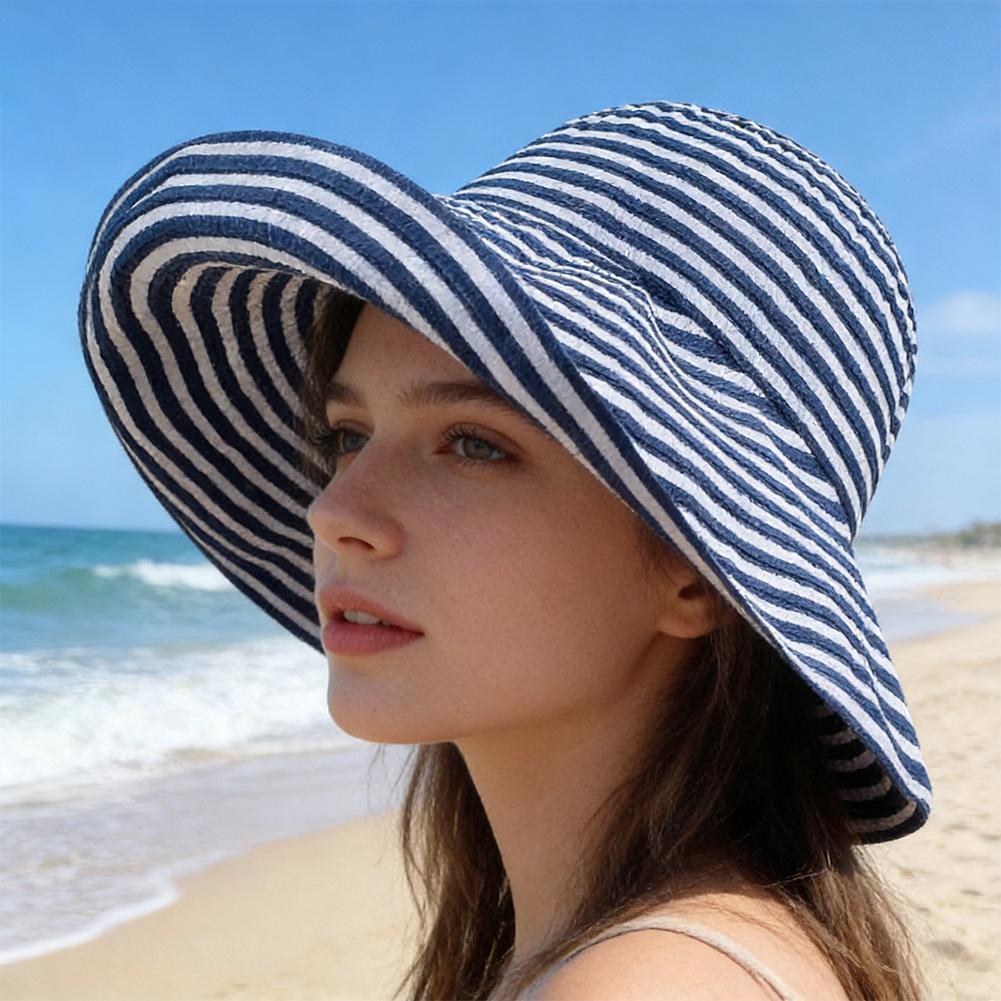Korean Fashion Wide Brim Fisherman Caps Outdoor Foldable Bucket Hats Striped Pattern Summer Cap For Women Girls Gifts