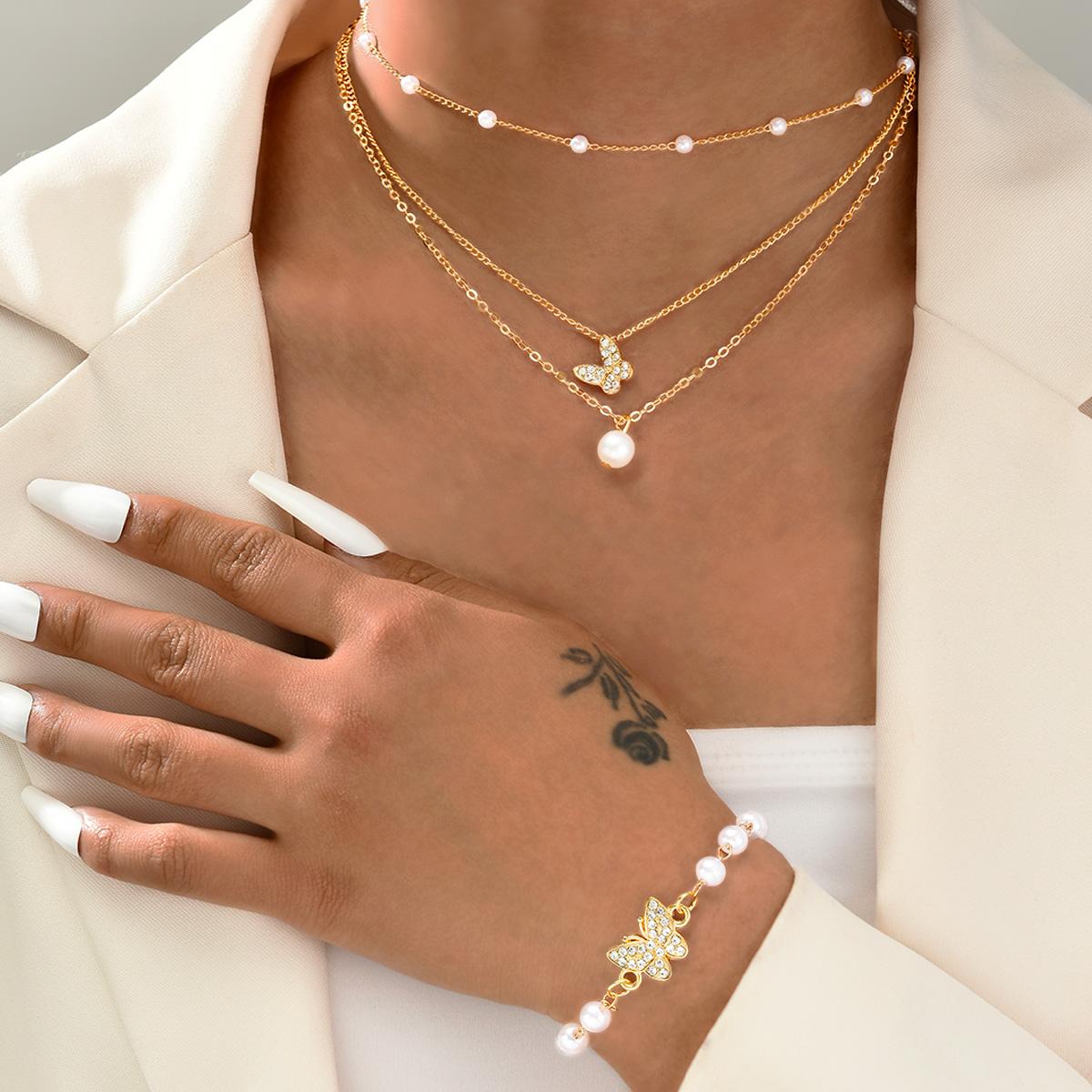 

New 2Pcs Pearl Zircon Butterfly Bracelet Necklace for Women Fashion Elegant Gold White Color Bracelet Necklace Set Party Jewelry