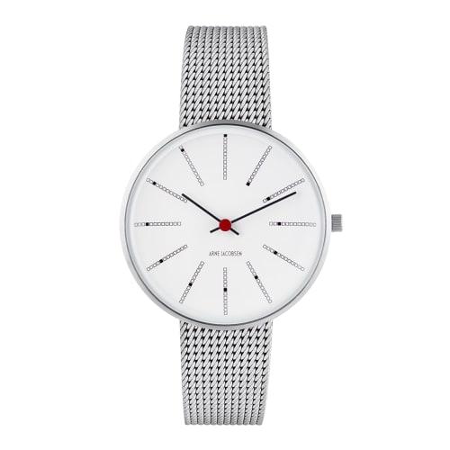 

ARNE JACOBSEN BANKERS 53101-1608 Watch, 34mm, Scandinavian Design, Water Resistant (Quiet Design with No Second Hand), White with Silver Mesh Strap