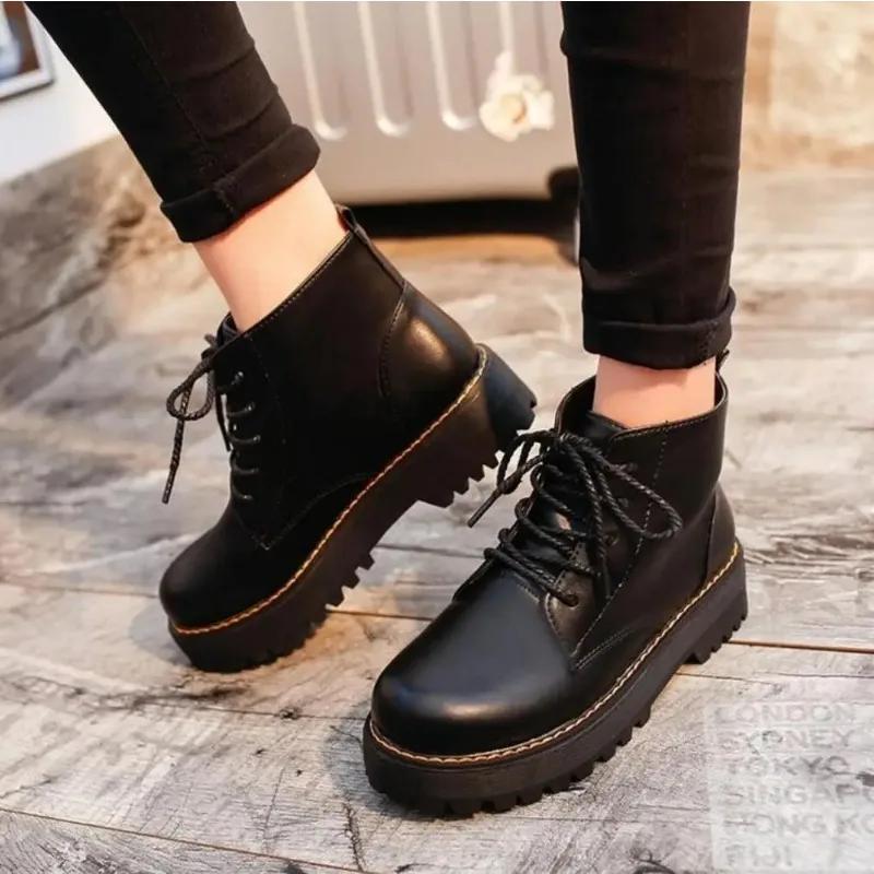 Autumn Winter Women Ankle Boots Platform Lace Up Casual Shoes Woman Retro Oxfords Female Waterproof Goth Thick Boots Footwe
