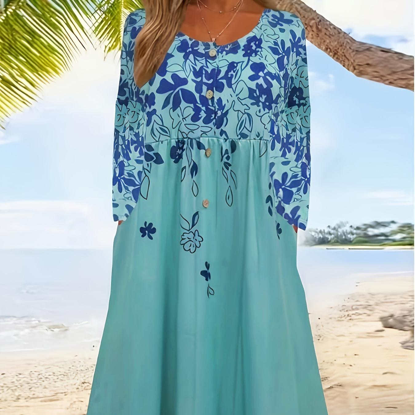 

Летнее новое свободное повседневное модное темпераментное платье с цветочным принтом и круглым вырезом с длинными рукавами XXL зелёный