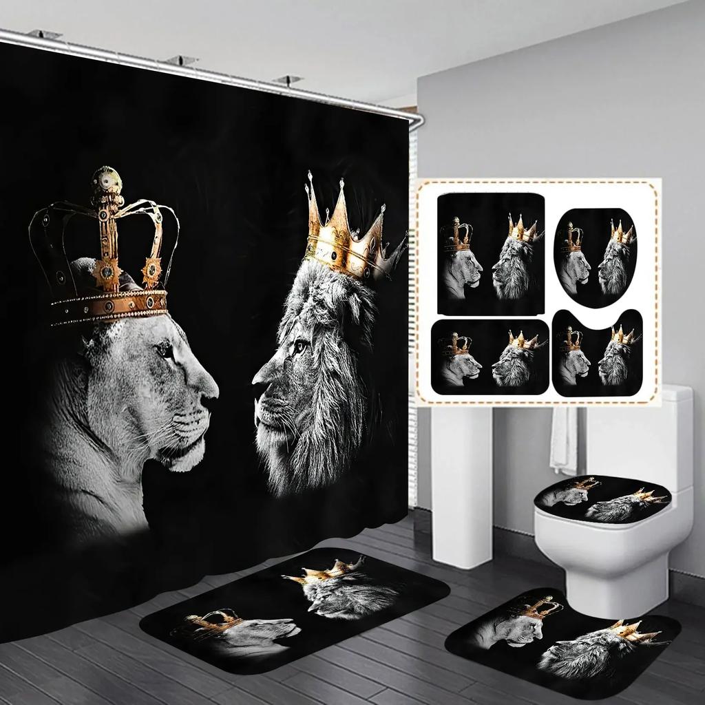 Black Tiger Animals Printed Shower Curtain Set Bathroom Bathing Screen Anti-Slip Toilet Lid Cover Carpet Rugs Kitchen Home Decor