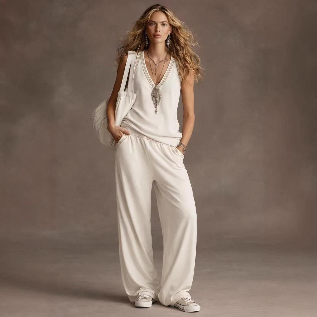 Damen V-Ausschnitt Weste & Weite Hosen Zweiteiliges Set