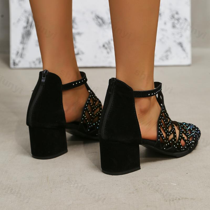 Fashion Women Hollow High Heels Sandals Chunky Mid-heel Summer Dress Shoes Slippers 2025 Fashion Party New Pumps Slides Zapatillas Mujer
