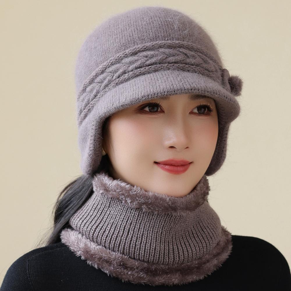 New Style Women Winter Hat Ear Protection Warm Suit Plush Fur Lined Warm Hats For Female Casual Rabbit Fur Winter Knitted Cap