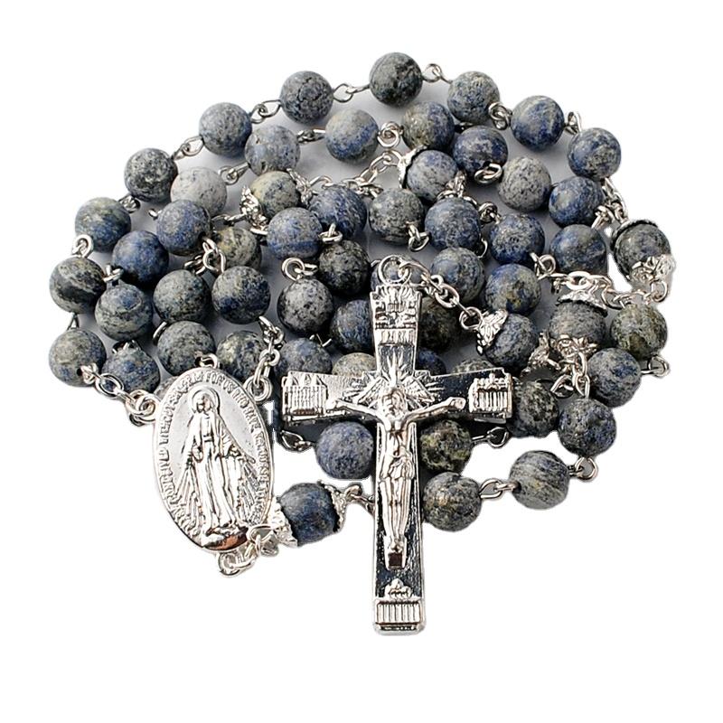 Discount Price Catholic Religious Items Silver Plated Jewelry Rosary Necklaces 8mm Stone Beads Rosary Chain Necklace 42cm