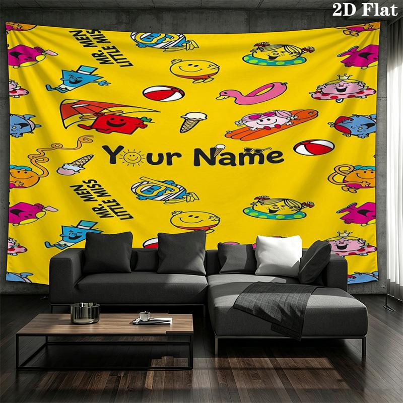 Mr Men Adventure Custom Name Wall Tapestry Aesthetic Wall Hanging Printed Fabric Blanket Decorative Tapestries For Bedroom Living Room Home Decor