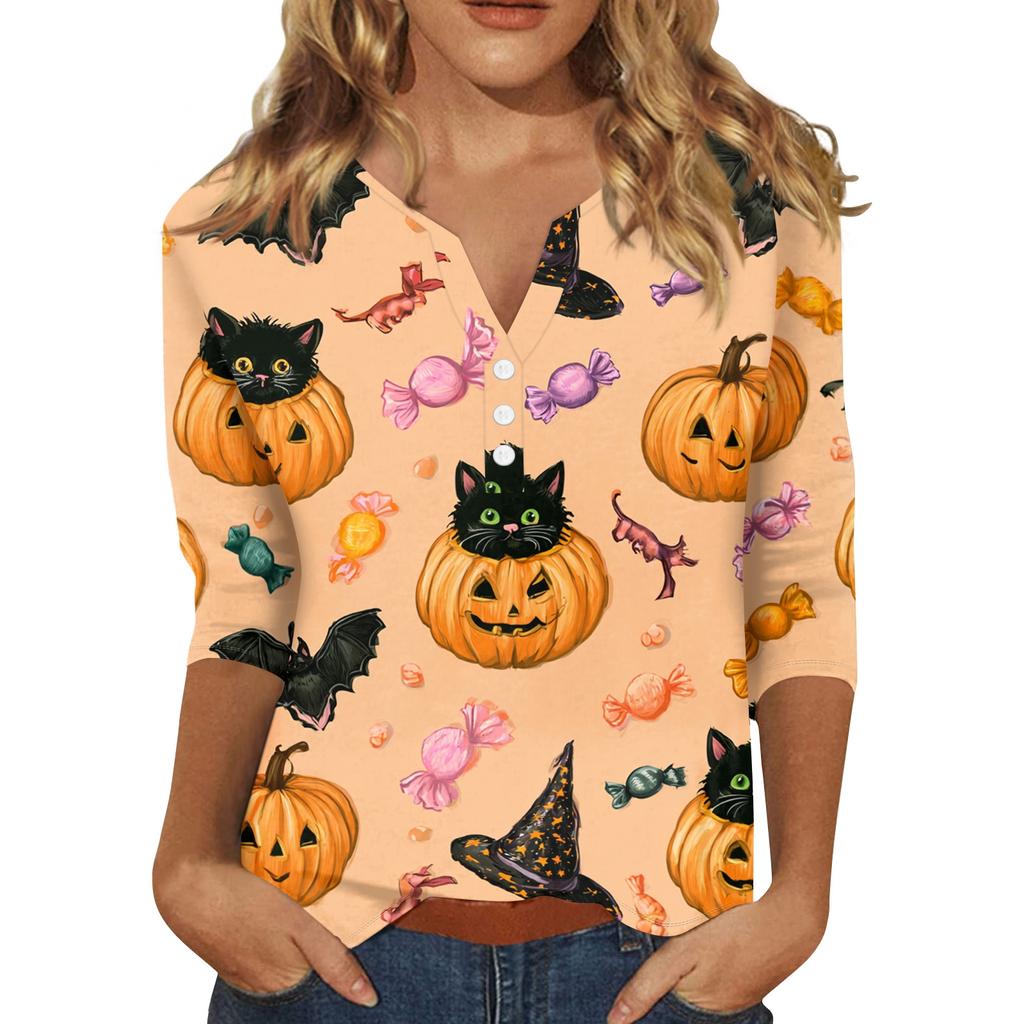 Women's Casual Halloween Print V-Neck Short Sleeve T-Shirt with Decorative Buttons