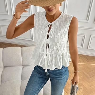 Women's Tie Front Tank Top Summer Crew Neck Sleeveless Flowy Shirts Casual Beach Vacation Babydoll Blouse