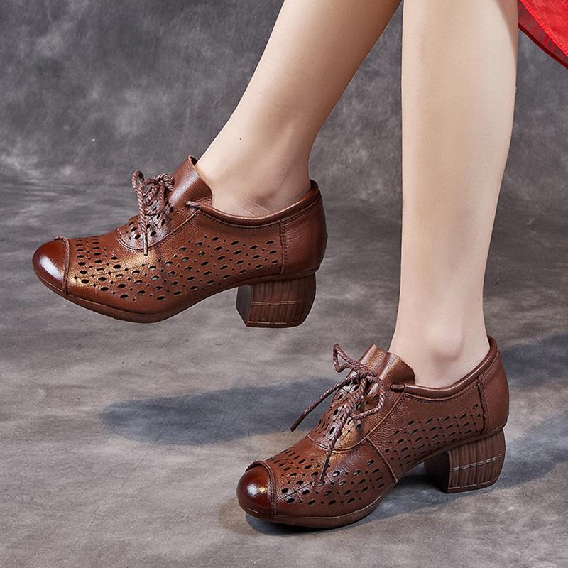 Retro women's shoes summer hollow breathable sandals women's head layer cowhide high heel soft sole non-slip hole shoes women's sandals