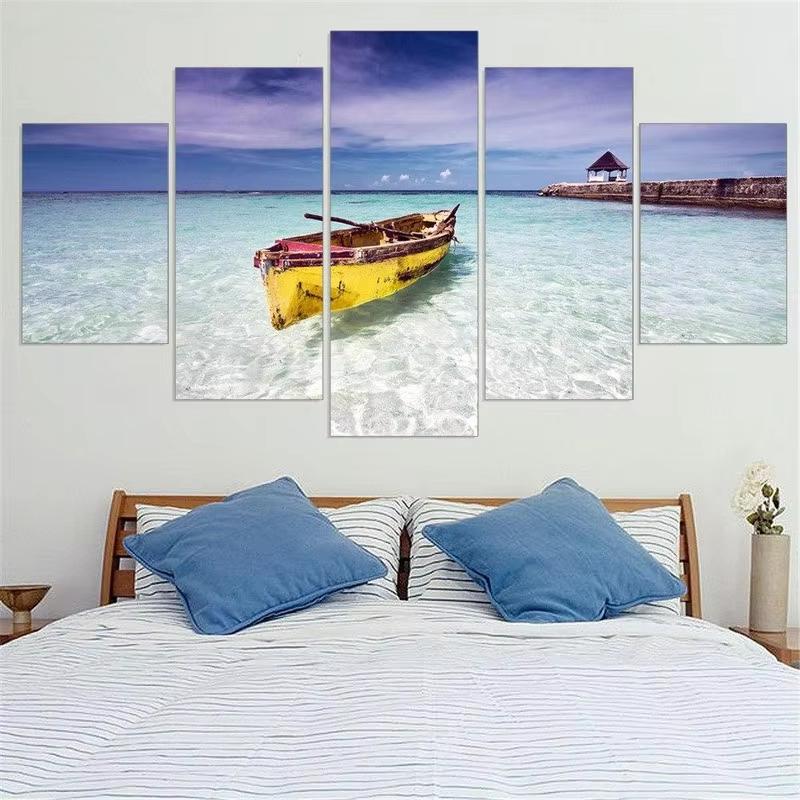 5 Panels Bootschiff Bilder Leinwandmalerei Meereslandschaft Poster und Drucke Wandkunst für Wohnzimmer Heimdekoration Ohne Rahmen