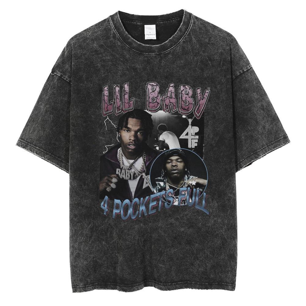 Hip Hop Rapper Wash Vintage Black Lil Baby T Shirt Unisexs Fashion Oversized Tee Short Sleeve Regular Male Tshirt Unisex Streetwear