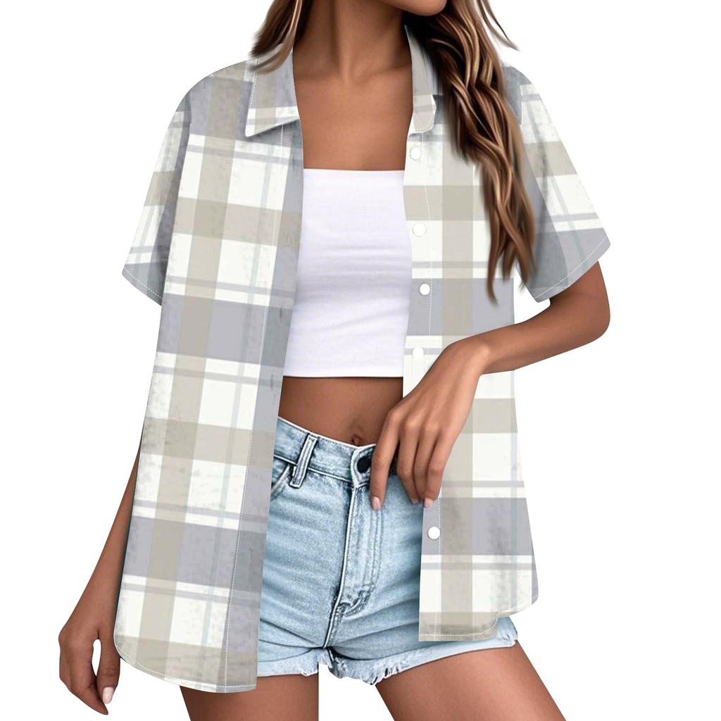 Women Casual Loose Fit Short Sleeve Button Down Collar Shirt Plaid Pattern Lightweight Summer Top