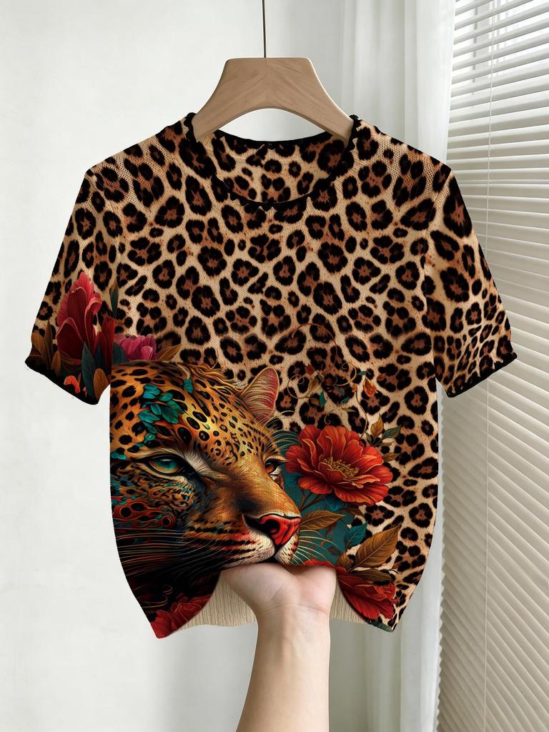Damen Floral Print Kurzarm Lockerer Pullover für Frühling und Herbst