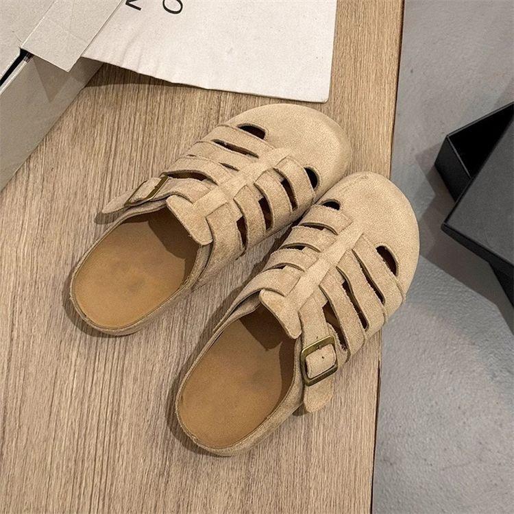 

Hollow bag head half slippers women s summer new flat bottom one pedal breathable lazy casual sandals 40 хаки