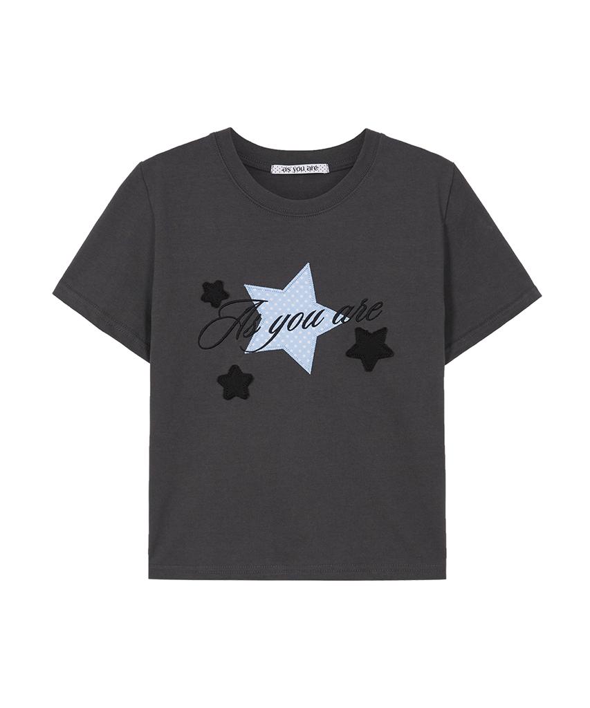 Aejeuyua Star Patch Loose Crop T-Shirt Charcoal