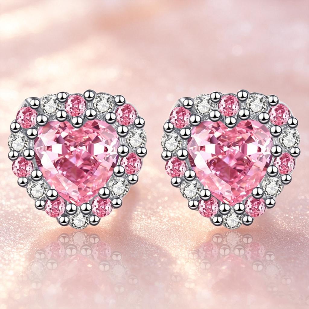 Elegant Female Purple Black Pink Blue Zircon Charm Silver Color Heart Stud Earrings For Women Vintage Wedding Jewelry