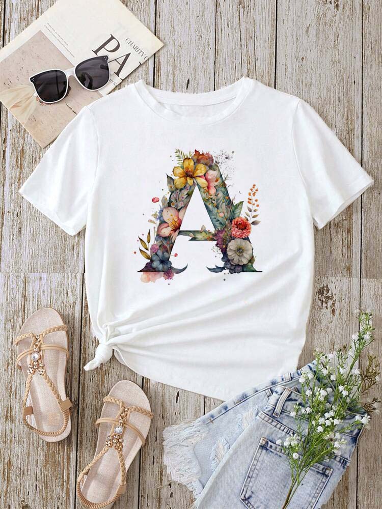 Custom Name Letter Combination Fashion Women T-shirt Floral Letter Font A B C D E F G Short Sleeve Tops White T-shirt