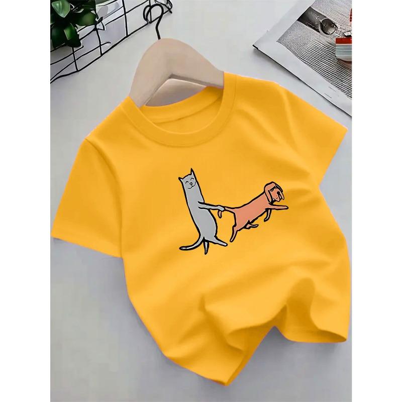 European sizes Short-Sleeved T-Shirt with Cartoon Cat And Dog Patterns, Perfect for Summer Wear, Comfortable And Versatile—Suitable for Children