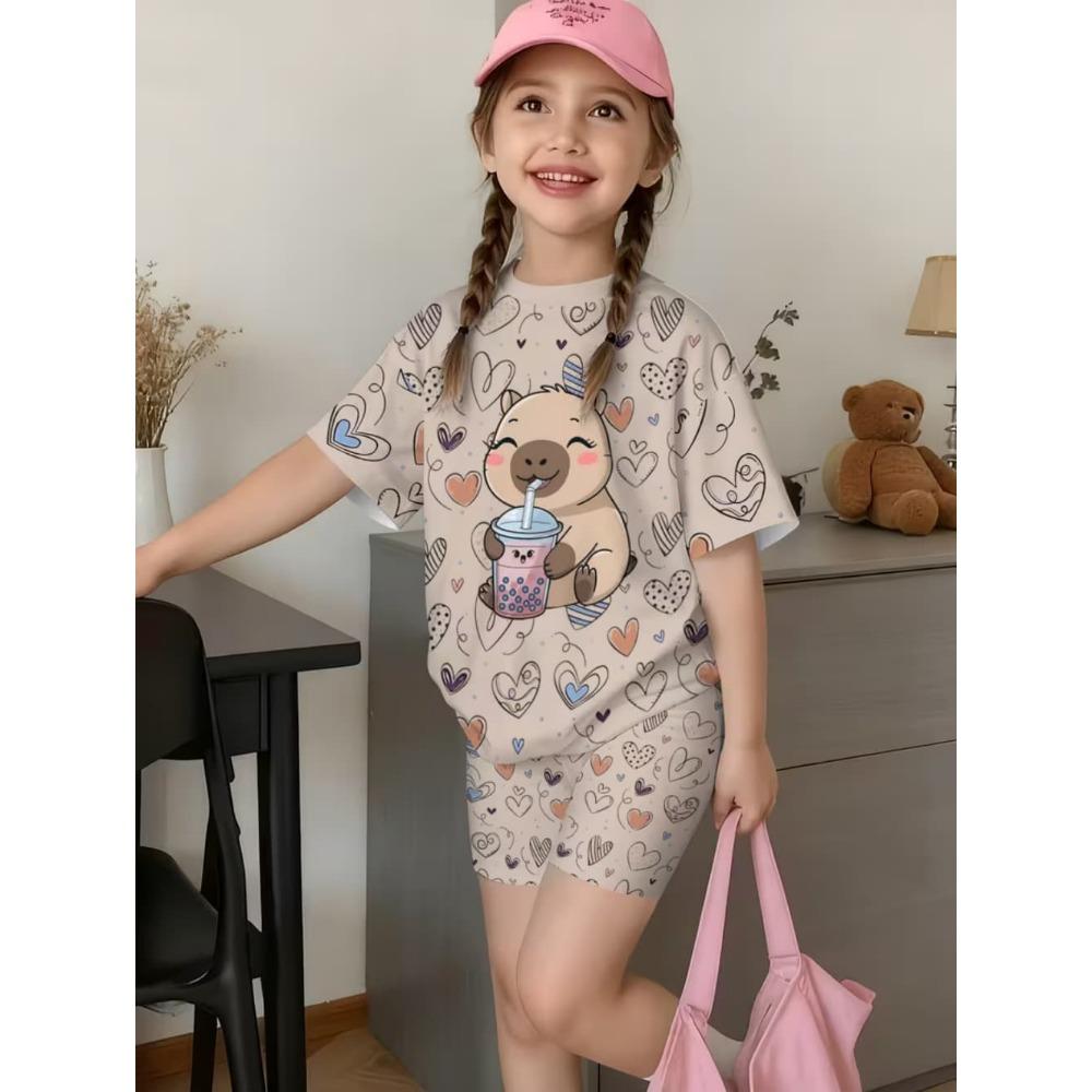 Conjunto de Camiseta Gráfica Divertida de Capibara para Niños de Verano Cuello Redondo Mangas Cortas Pantalones Cortos con Cintura Elástica Conjunto de 2 Piezas Ropa Casual para Niñas