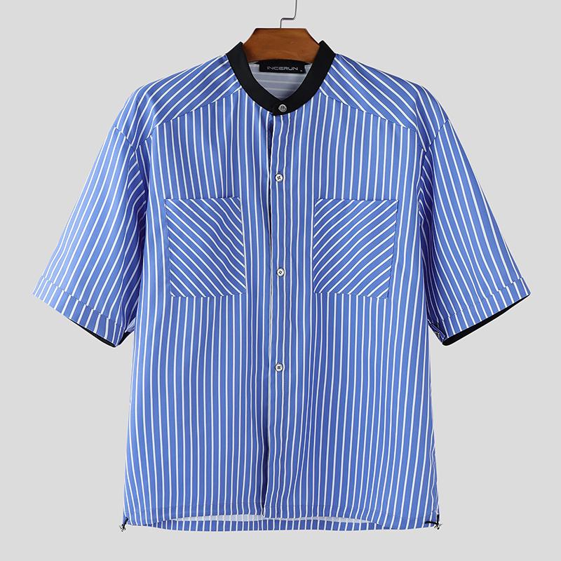 

INCERUN Men Collarless Short Sleeve Stitching Striped Casual Shirts Tops S чёрный