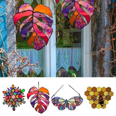 Vetrata da Appendere a Nido d'Ape Multicolore Farfalla Ape Pannelli di Vetro Colorato Vetrata Colibrì da Appendere alla Finestra