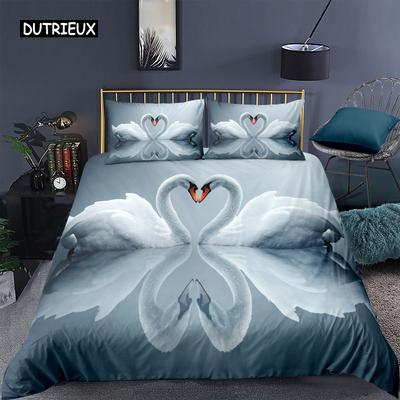 Juego de funda de edredón con diseño de cisne, funda de edredón con diseño de lago de cisne blanco, juego de cama de poliéster con cisne blanco y océano doble para pareja, regalo del Día de San Valentín