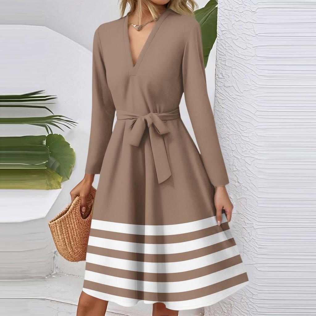 Women's Fashion Casual V-Neck Long Sleeve Waist Striped Printed Midi Dress