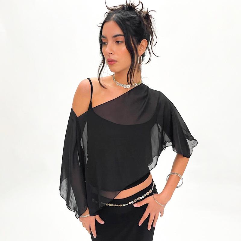 European & American Style Women's Mesh See-through Camisole Top – Autumn/Winter, Irregular Design