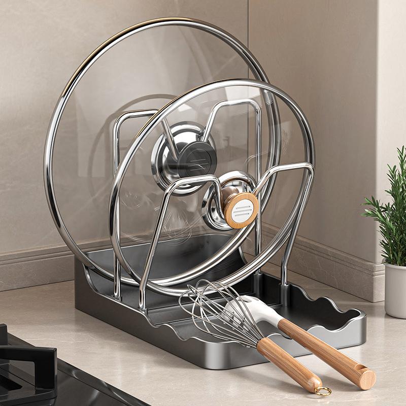 Stainless Steel Pot Lid Shelf with Drainage Tray Kitchen Organizer Storage Rack Utensils Dish Drying Countertop Cabinet Space Saving