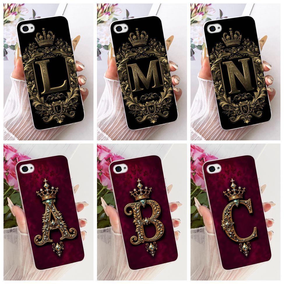 For iPhone 4 Case Transparent Luxury Crown A-Z Letters 2D Flat Pattern Soft Phone Case For iPhone A1349 A1332