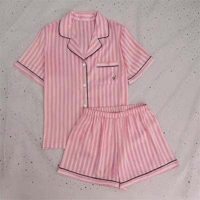 Can Wear Striped Cute Girl Comfortable Short-Sleeved Pajamas Simulation Silk Cool Loungewear Two-Piece Set