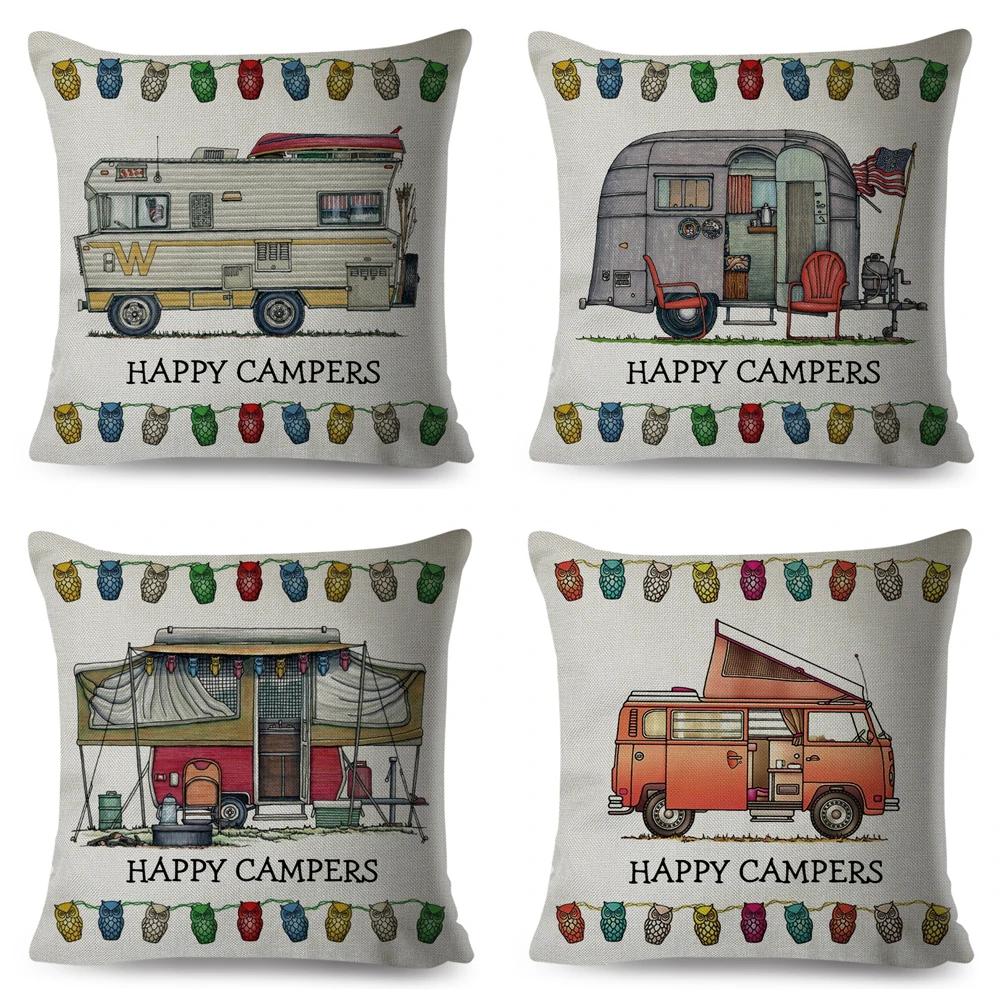 Happy Camper Pillowcase Decor Cartoon Travel Car Printed Pillow Case for Home Sofa Children Room Polyester Cushion Cover 45x45cm