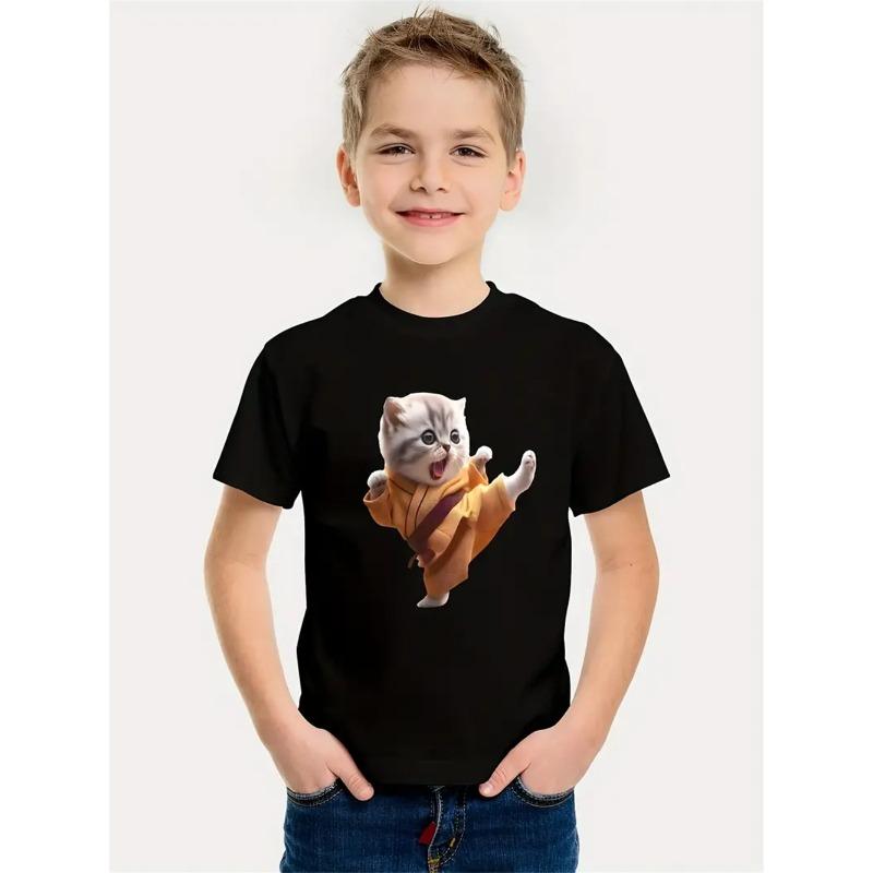 

Футболка с принтом кота в стиле ретро с изображением животных для детей, детская одежда с коротким рукавом, повседневная детская одежда, модная футболка для мальчиков 160CM