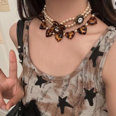 Punk Sexy Luipaardprint Hart Kralen Choker Luipaardprint Bloem Imitatie Parel Kralen Dubbellaags Ketting voor Vrouwen Sieraden